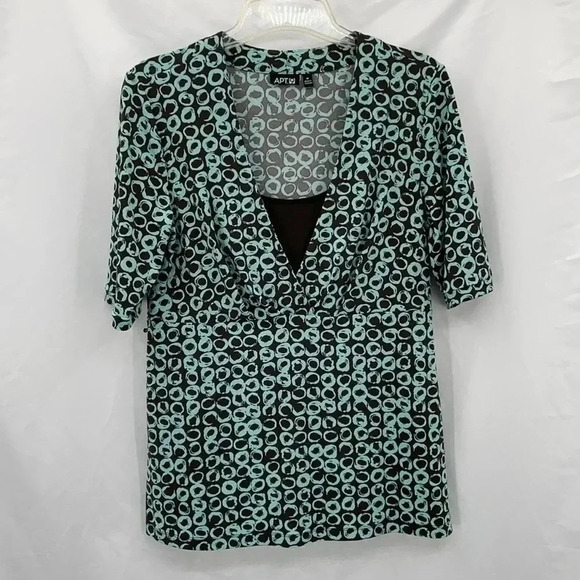 Apt 9 Short Sleeve Top Medium Blue Brown Patterned V-neck - Picture 1 of 9